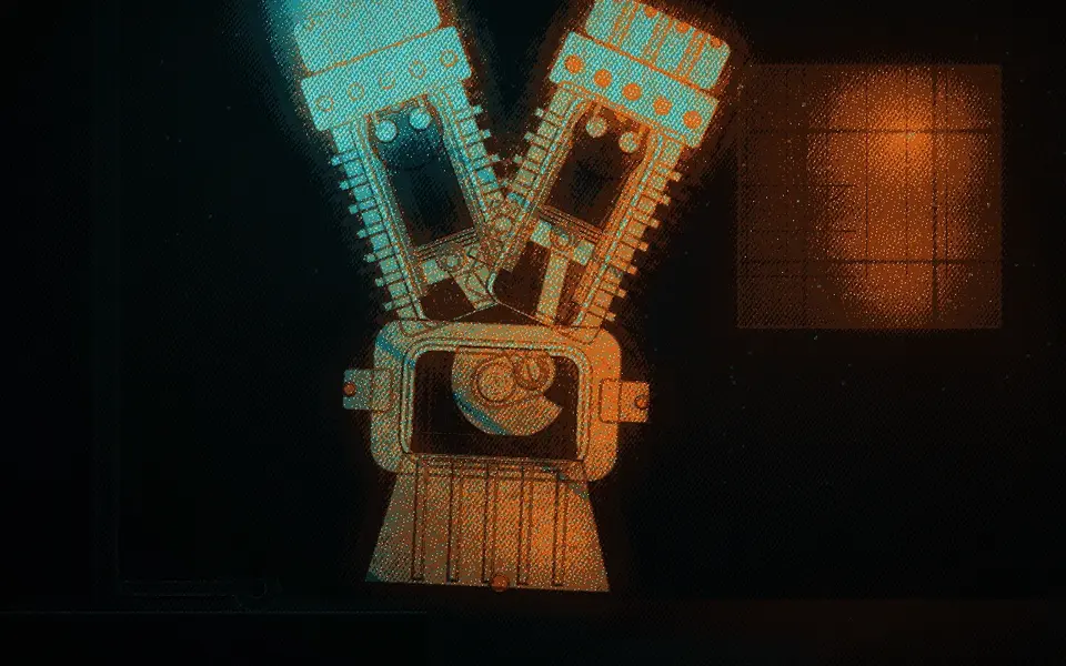 A V-twin engine drawn in cyan and orange