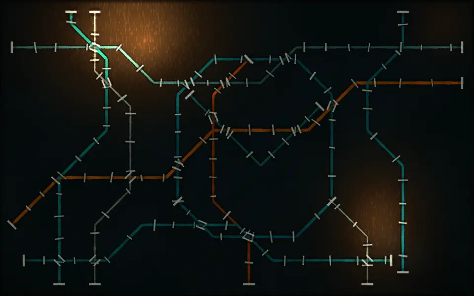 A metro map of coloured lines and stations