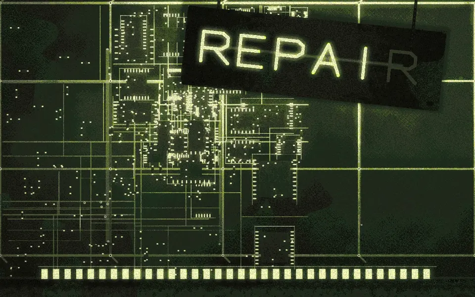 A flickering neon REPAIR sign over a circuit board
