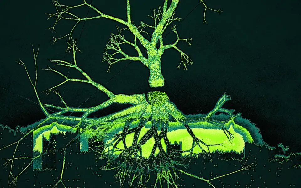A glowing green tree, its roots spread wide through the ground