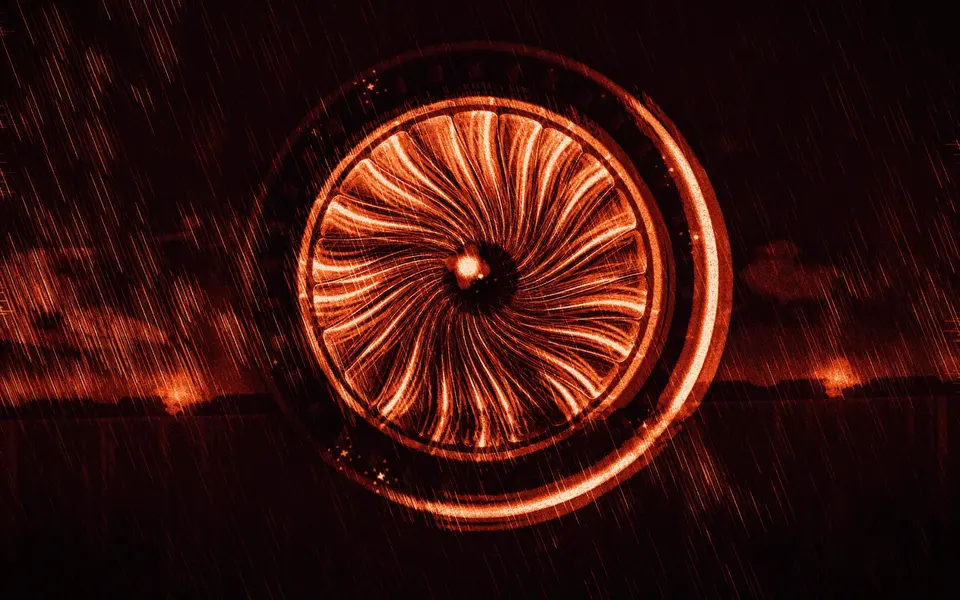 An orange spiral like a turbine or a sun, with sparks streaming past